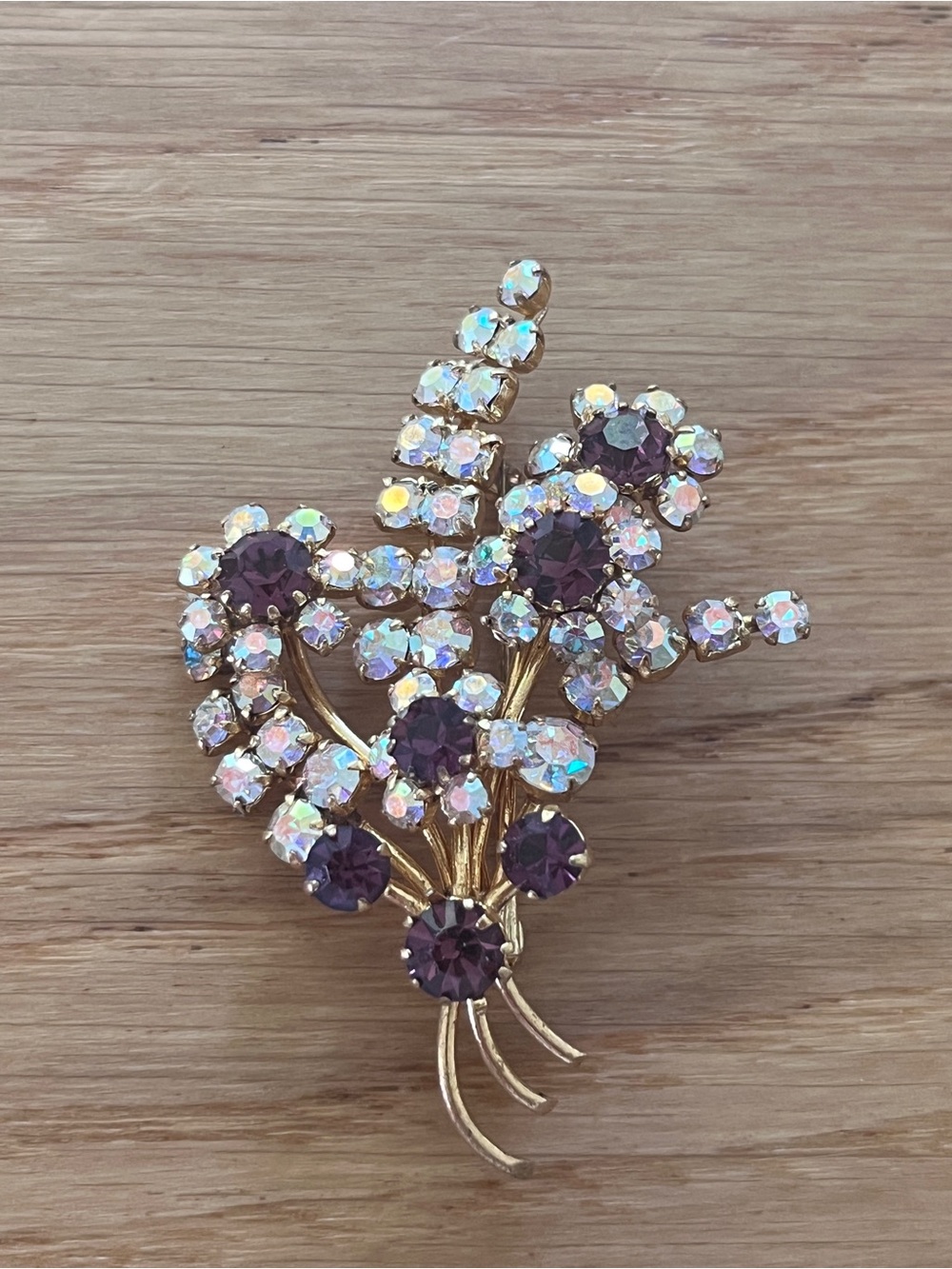 Gold-Tone Floral Crystal Brooch with Purple and Aurora Borealis Stones